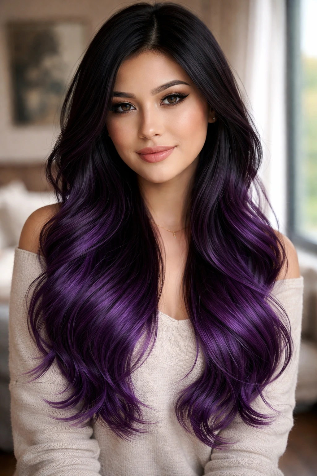 Portrait of a real person with black roots fading to violet ombre