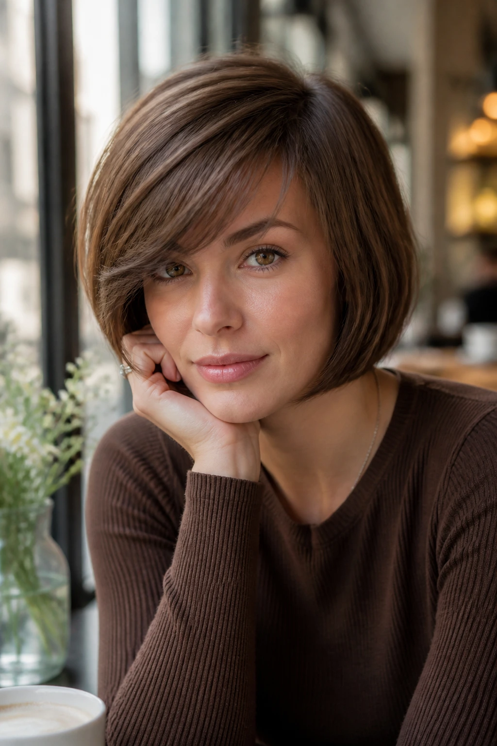 Close-up of real person with side-swept milk chocolate bob and fringe, bright daylight by a cafe window