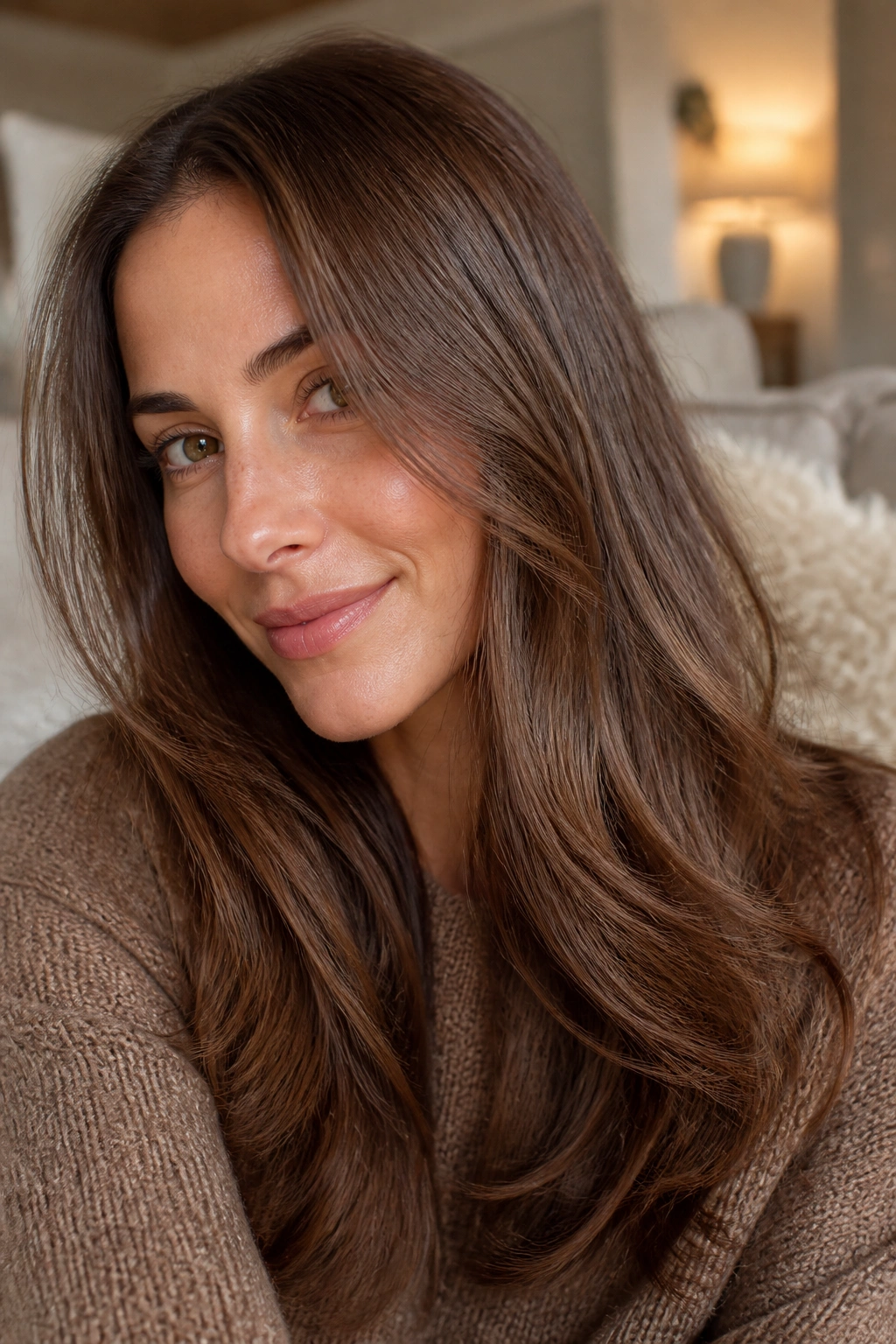 Close-up portrait of a real woman with milk chocolate brown hair and creamy warmth