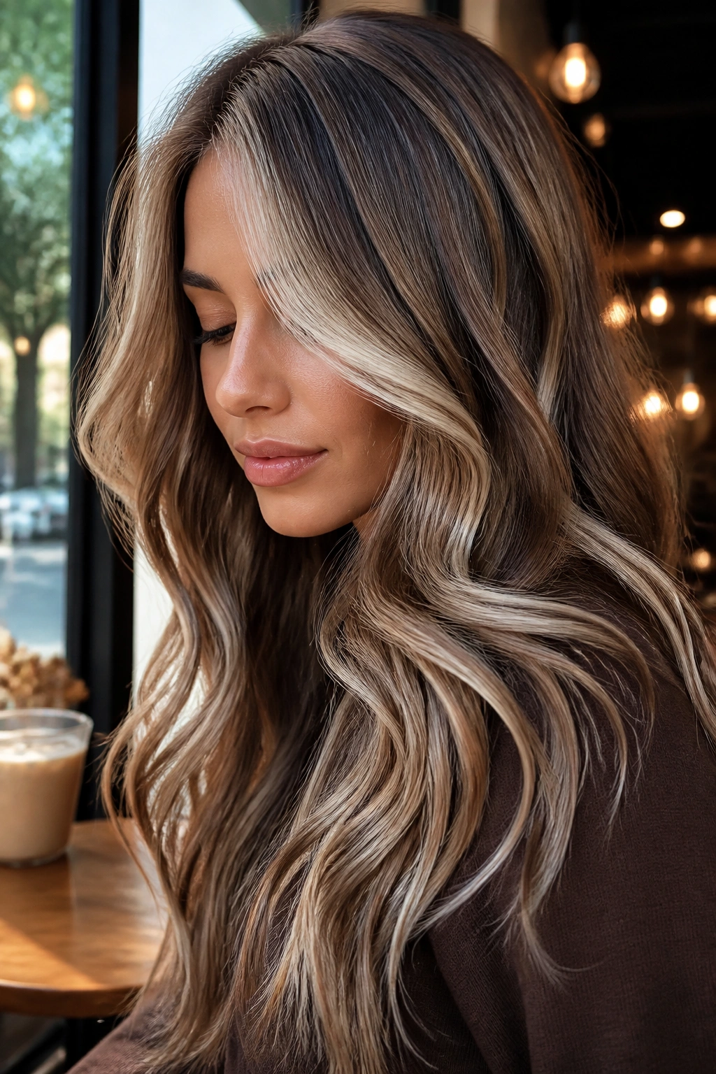 Portrait of a real woman with milk chocolate brown hair featuring pearl white ribbons