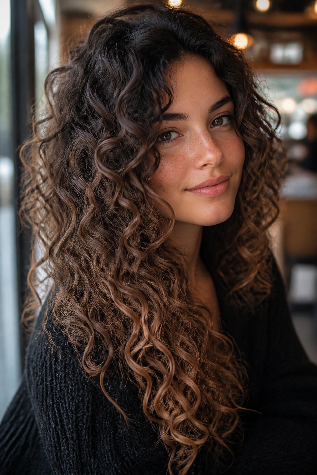 Close-up of a real person with milk chocolate brown soft ombre on curls.