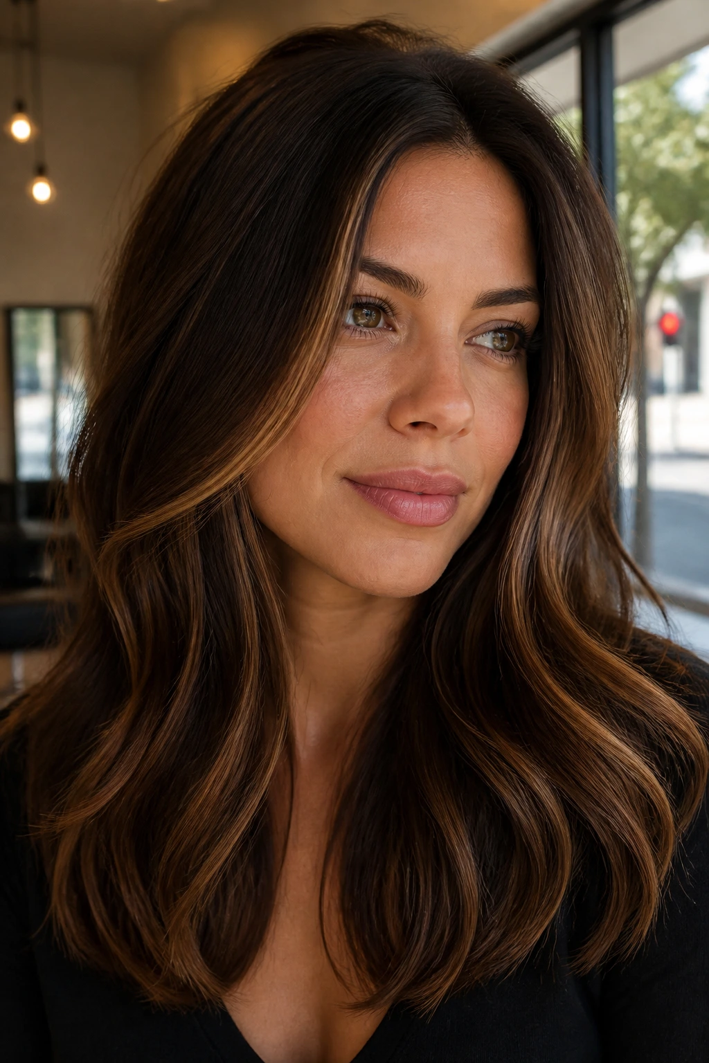 Close-up of a real woman with milk chocolate brown hair and soft caramel slices framing the cheeks