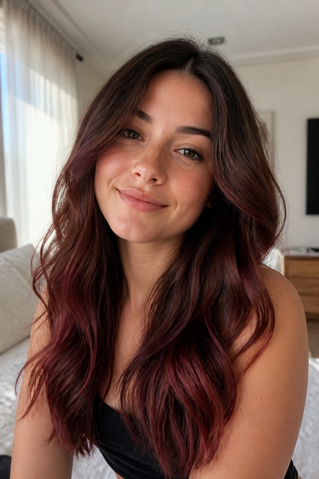 Close-up of a real person with Milk Chocolate Cherry Melt for Soft Contrast hair color.