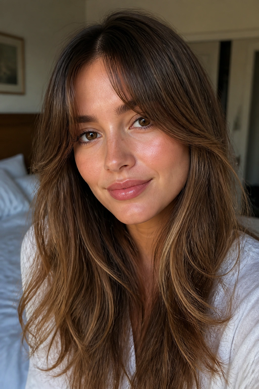 Close-up portrait of a real woman with milk chocolate brown hair and curtain bangs.