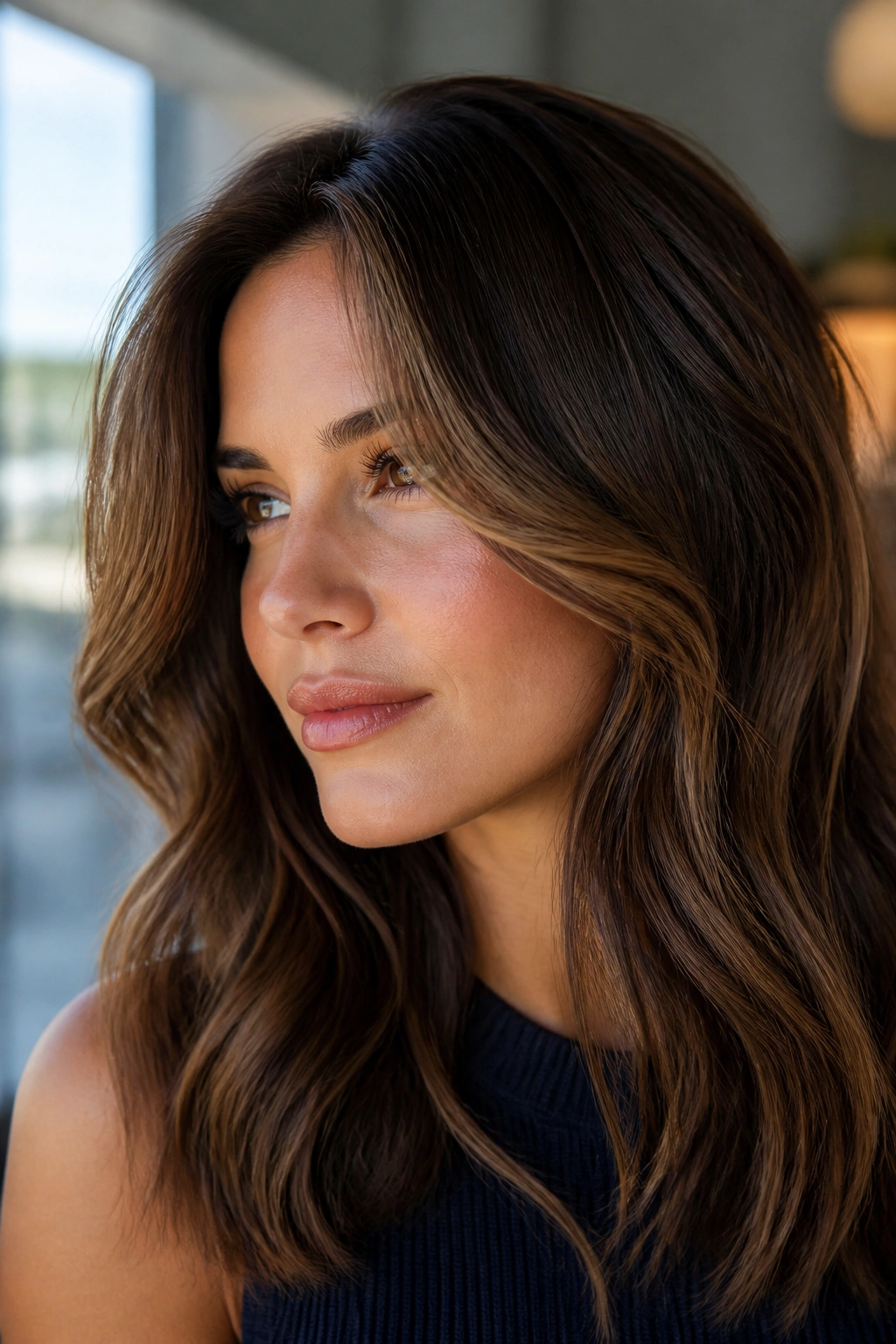 Portrait showing milk chocolate face-framing lowlights around the hairline