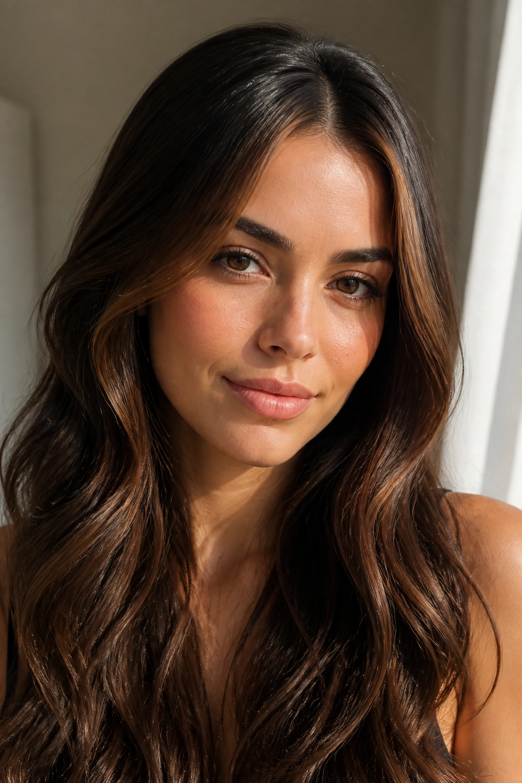 Close-up portrait of brunette with milk-chocolate face-framing pieces around the face