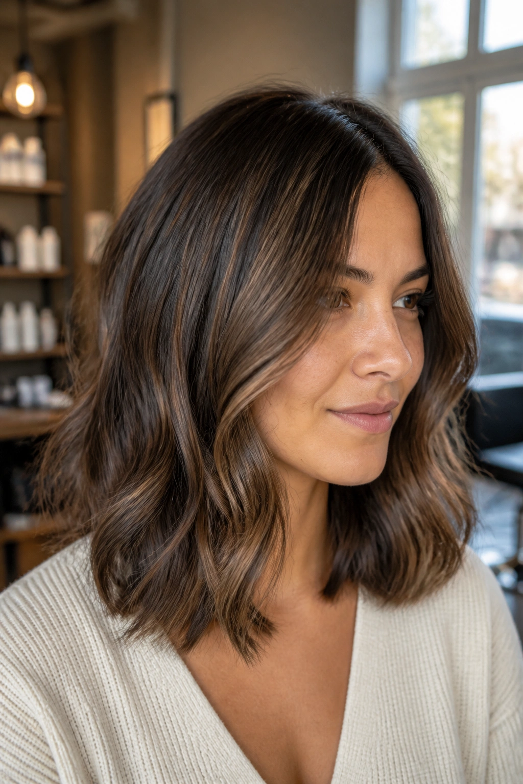 Shoulder-length brunette with milk chocolate lowlights blending softly through waves