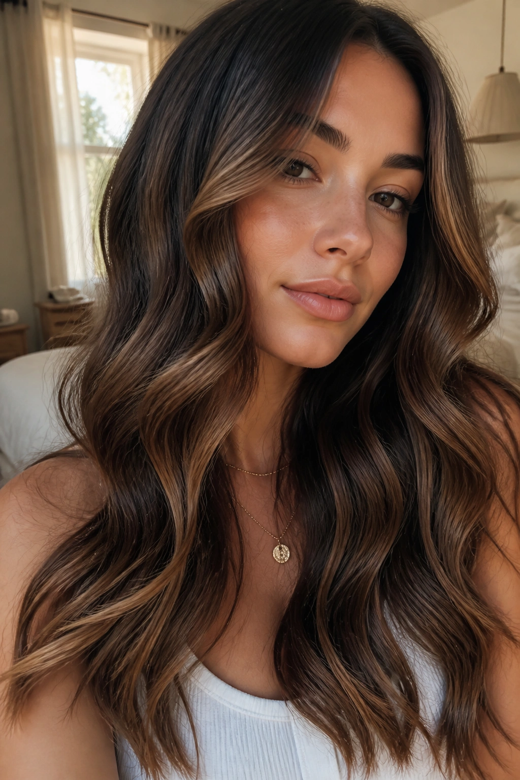Close-up portrait of a real woman with milk chocolate face-framing glow around the front hair