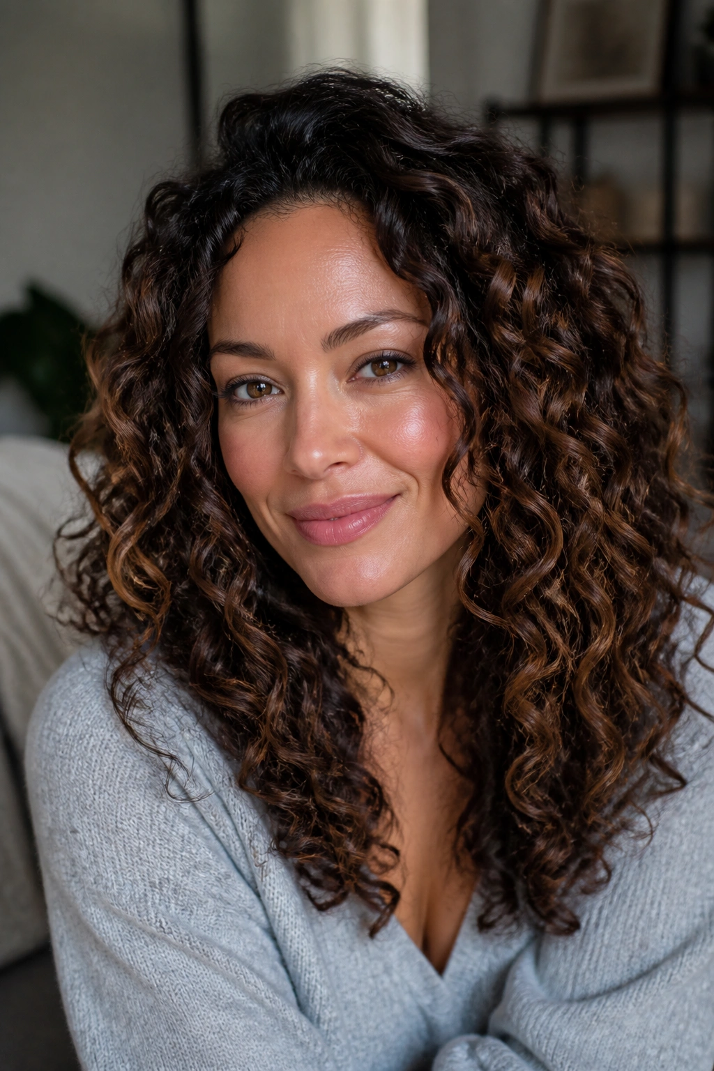 Close-up of milk chocolate ribbons on the outer surface of curly hair on a real person.