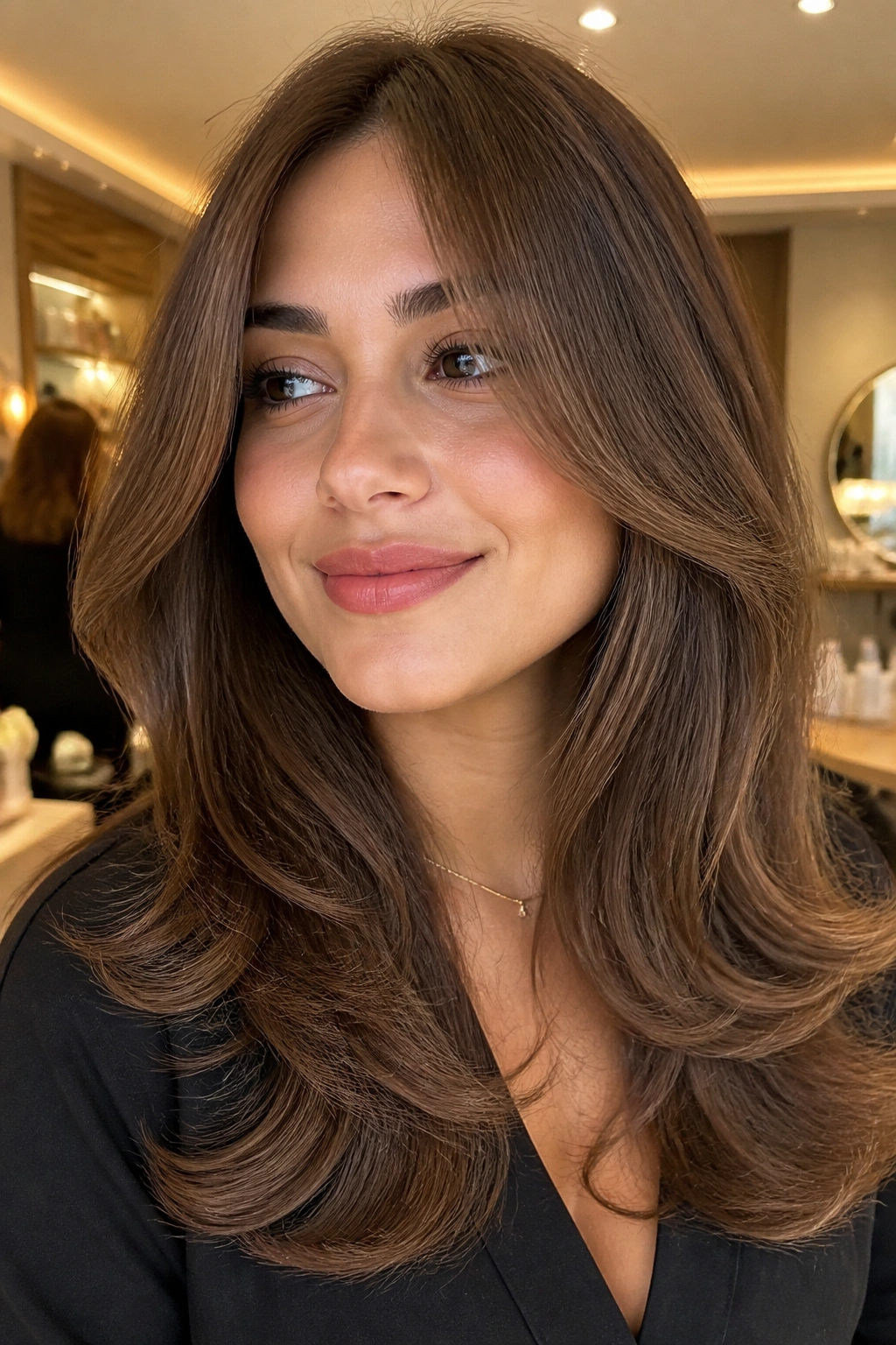 Close-up portrait of a real woman with milk chocolate hair and rounded layers.