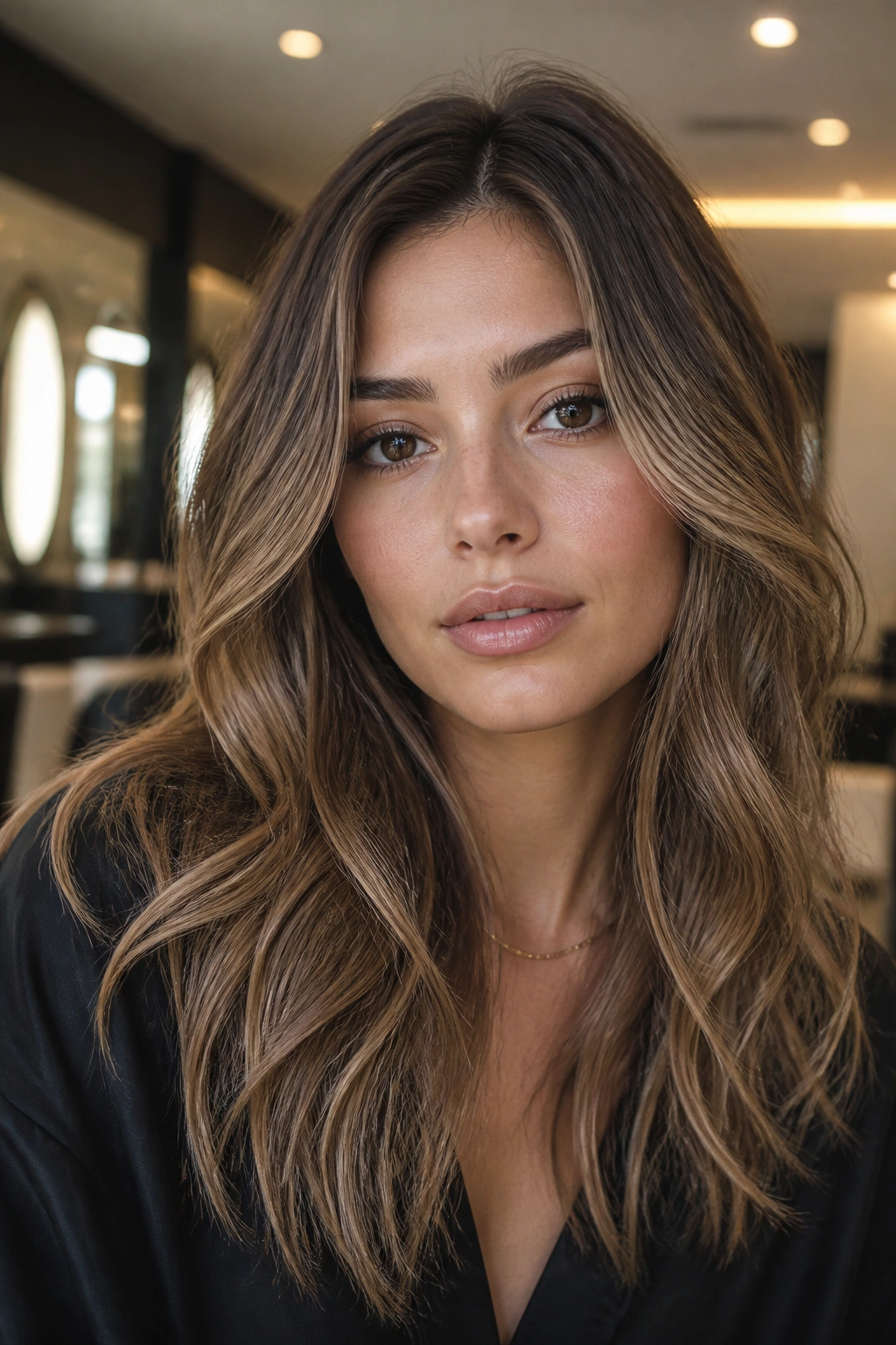 Close-up of a real woman with milk tea caramel over brunette base
