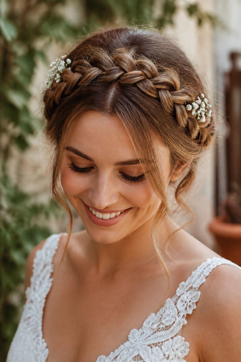 Close-up of a bride wearing a milkmaid braid crown with small flowers