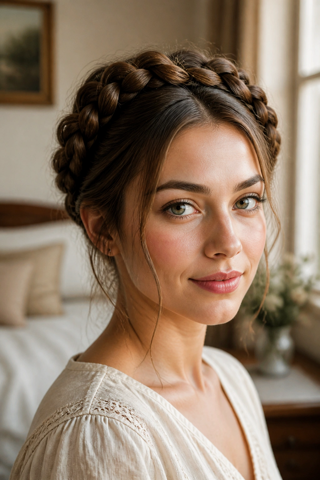 Close-up portrait of a real woman with two milkmaid braids wrapped over the crown