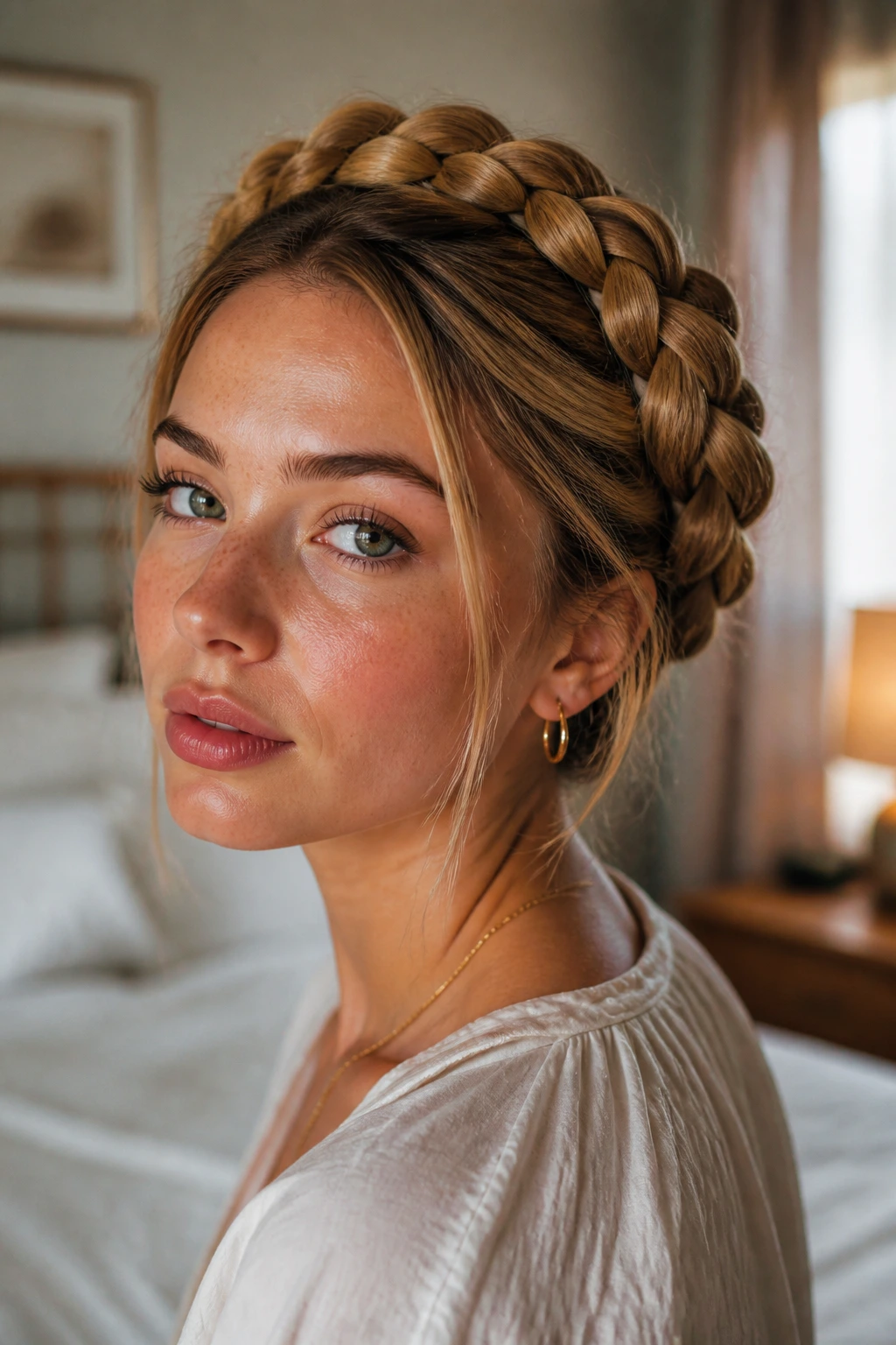 Close-up of a real woman wearing milkmaid braids wrapped over the crown in a cozy bedroom