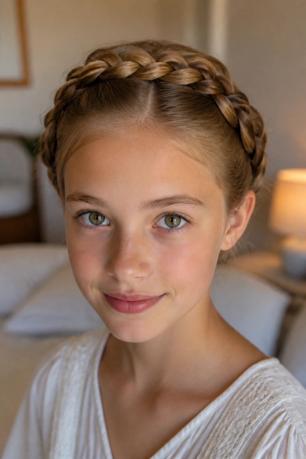 Close-up of a real girl's head with two milkmaid braids crossing the crown and pinned