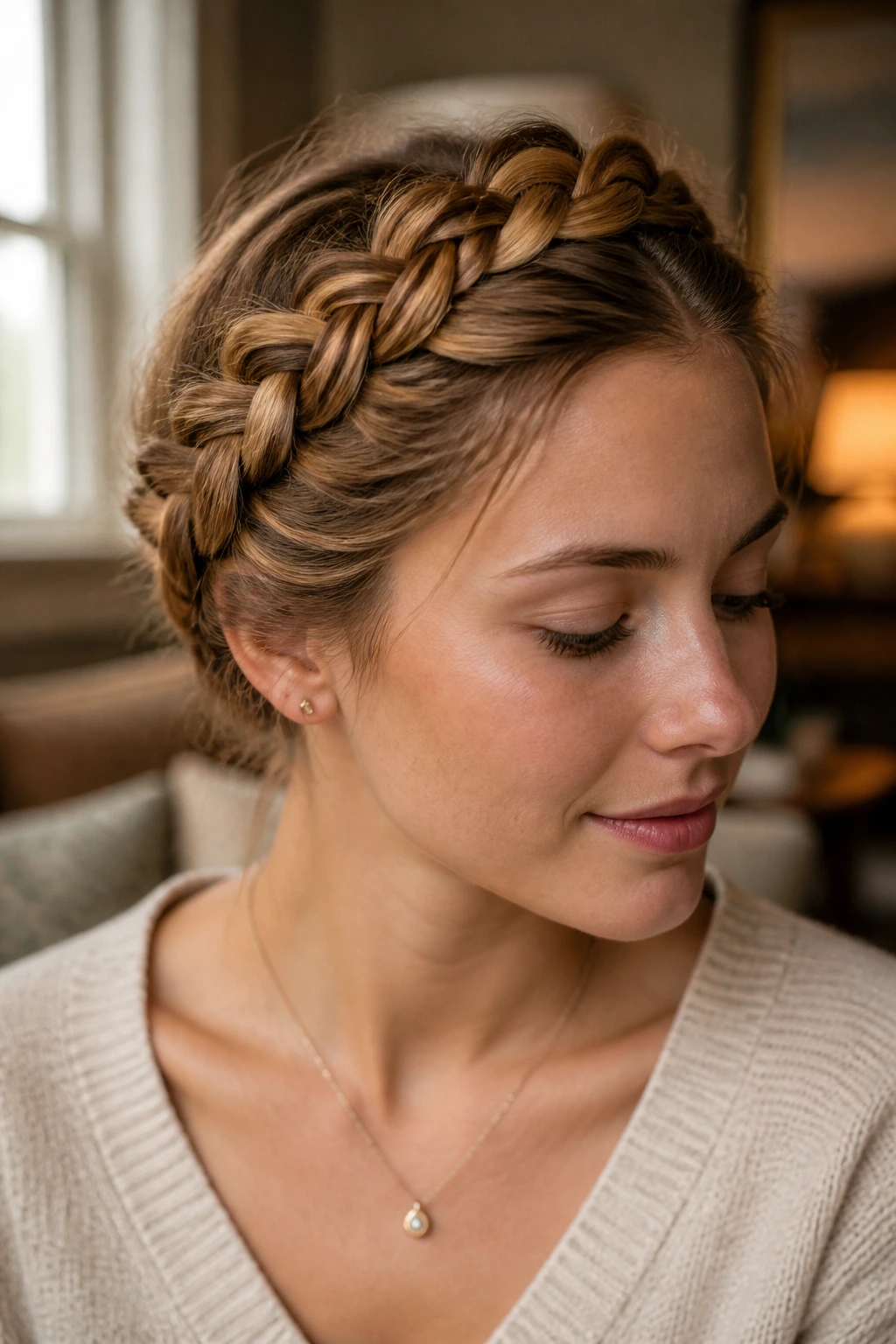 Close-up of a real woman wearing milkmaid braids across the crown