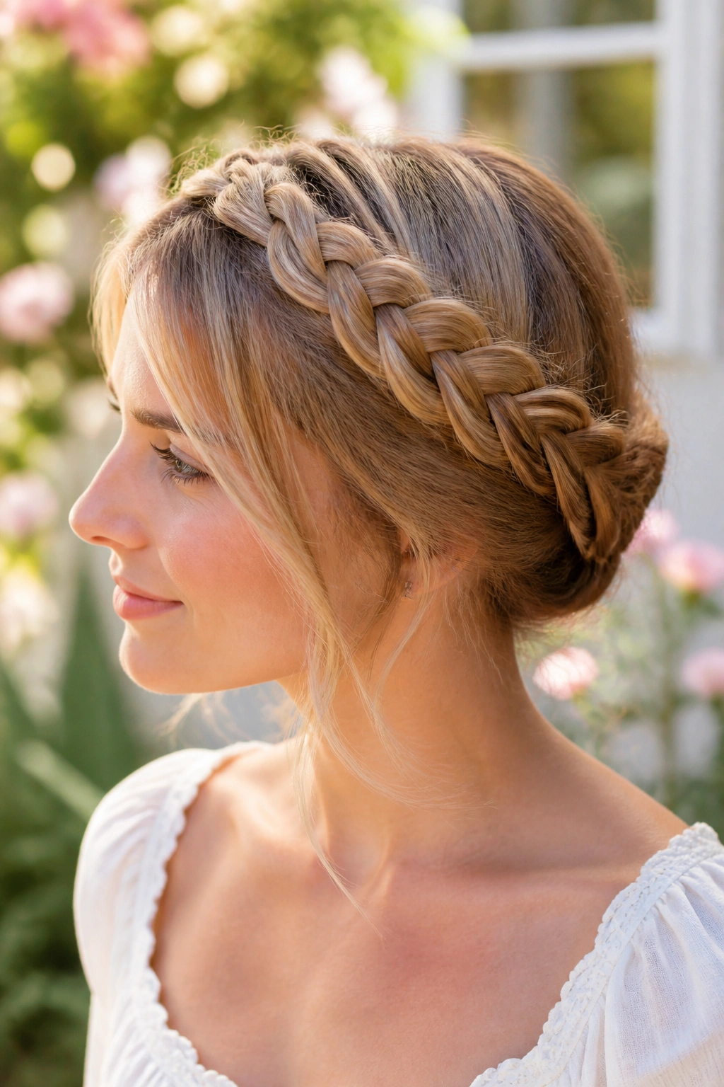 Portrait of a woman wearing milkmaid braids crossing over the crown.