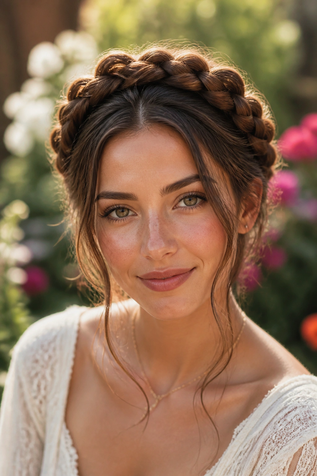 Close-up of milkmaid braids across the crown on a real person