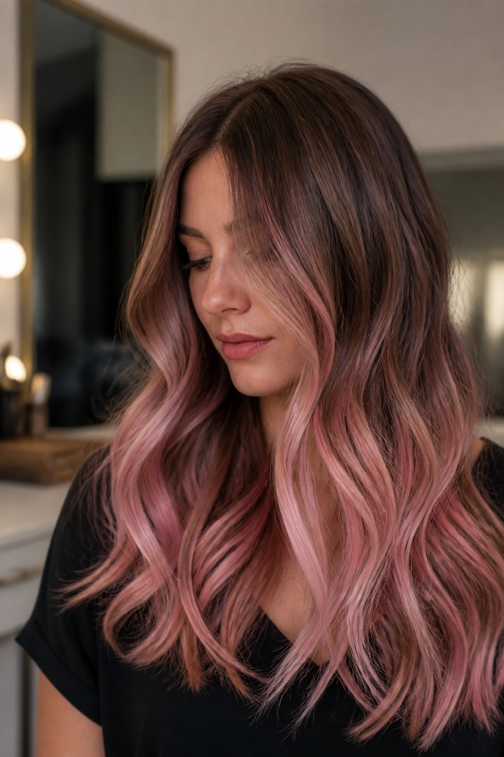 Milk chocolate brown hair with petal pink balayage on long hair