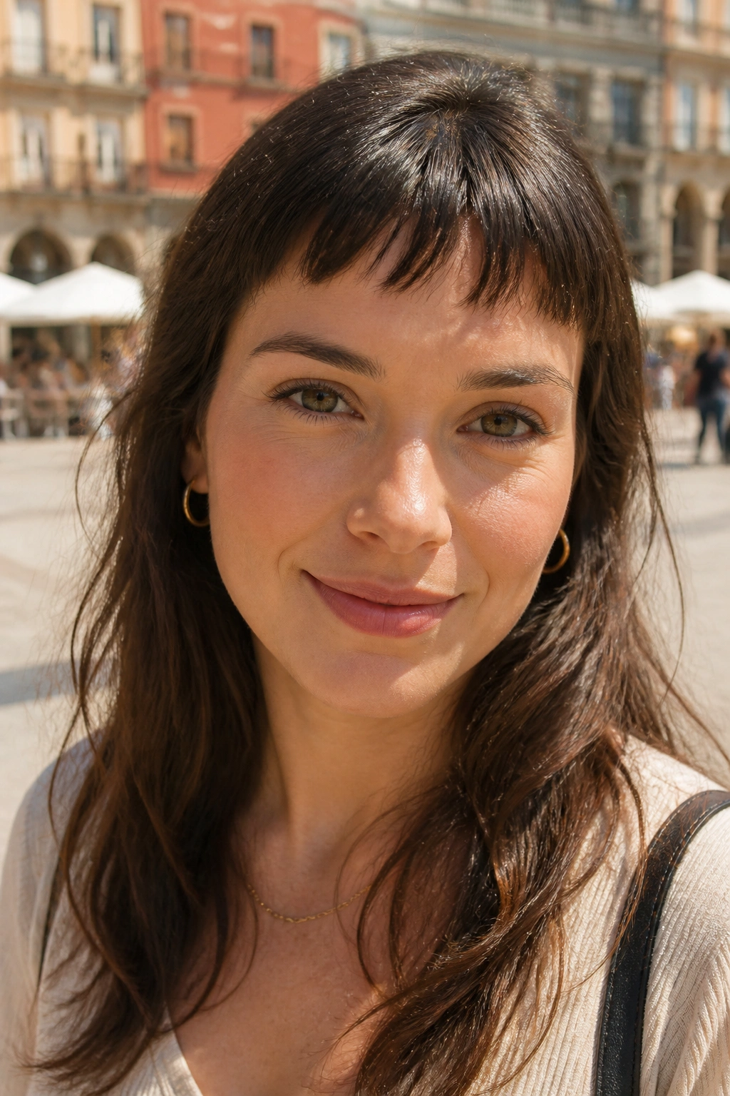 Close-up of a real woman with mini Birkin bangs above the brows outdoors.