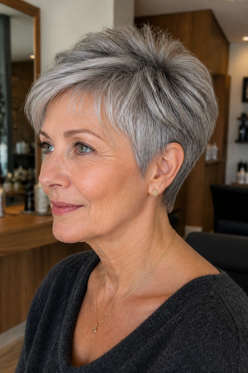 Close-up portrait of a real person with a Mini Bixie stacked crown, warm lighting