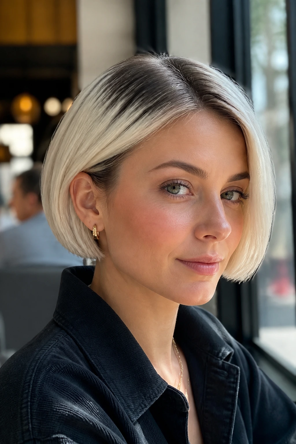 Close-up portrait of a real woman with a micro bob and root shadow