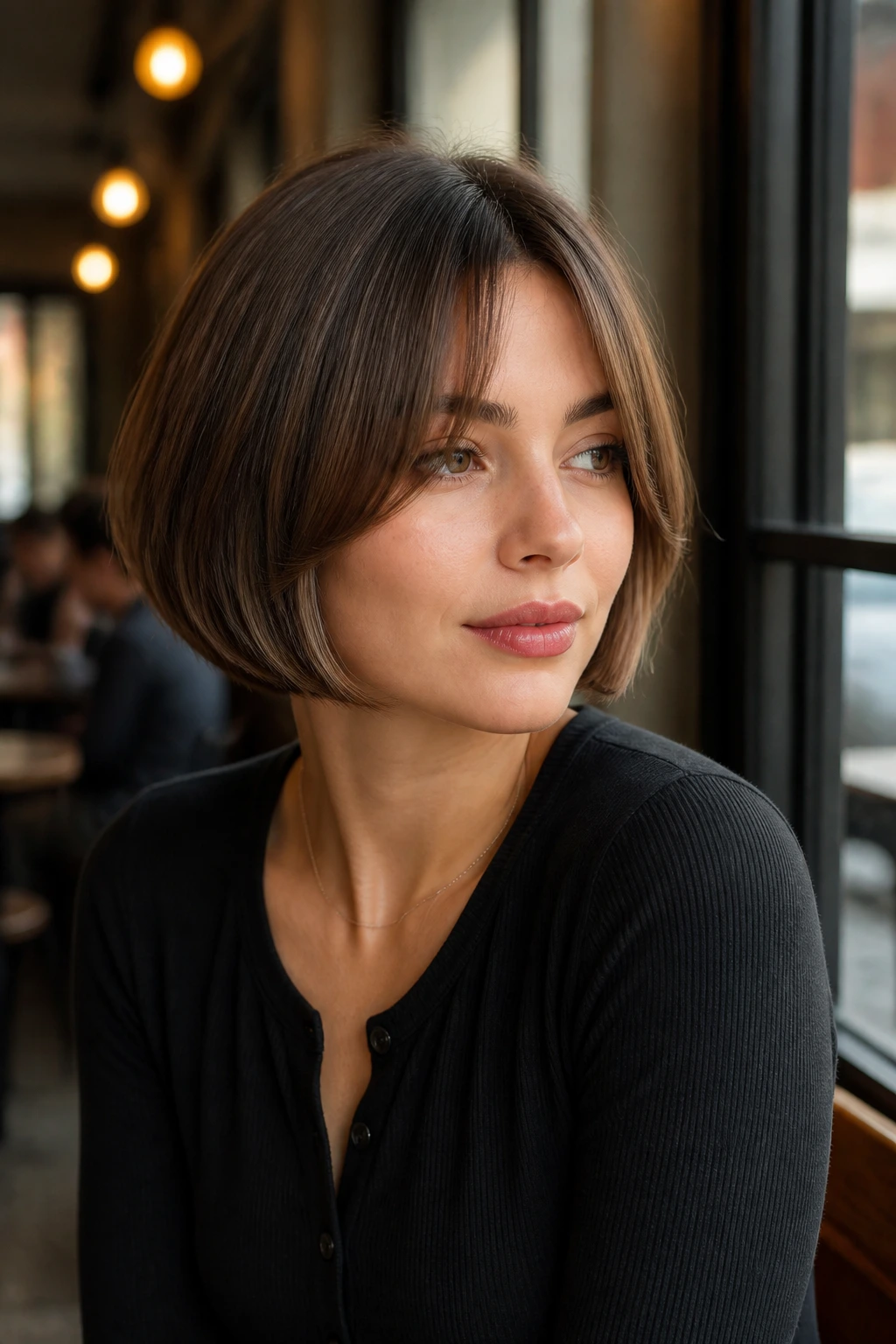 Close-up portrait of a real woman with a mini bob and split fringe