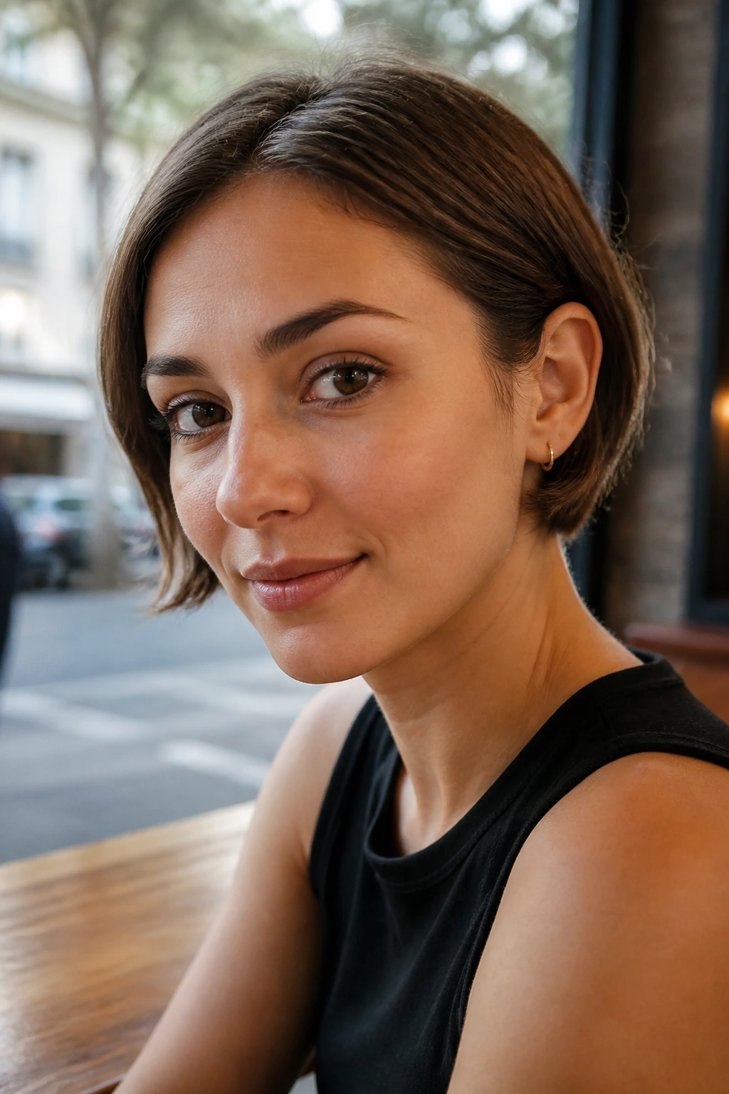Close-up of a real woman with a mini bob tucked behind the ears