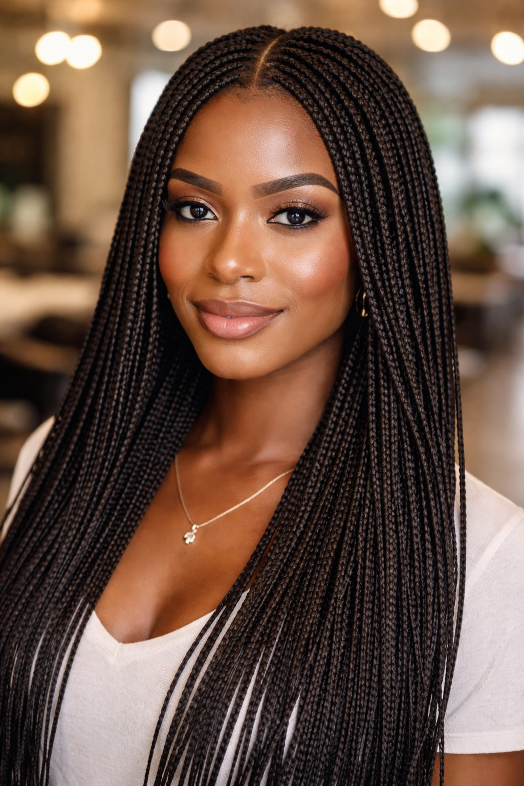 Close-up of a woman with many tiny box braids in a salon