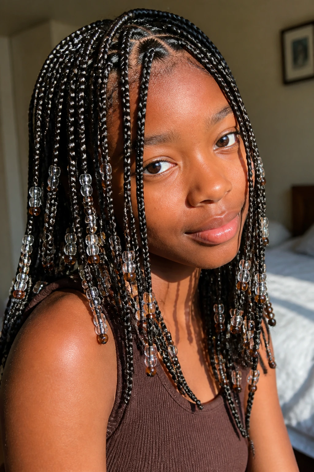 Girl's head with many small braids and beads, close-up.