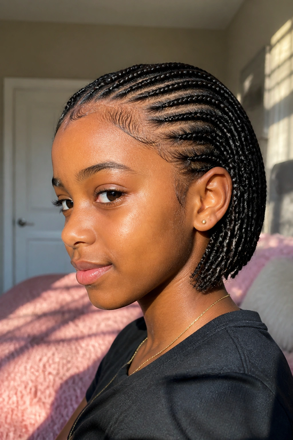 Close-up of a real girl with a mini braids bob hairstyle.