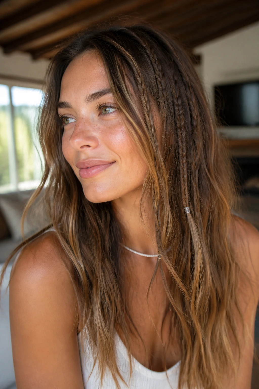 Close-up of a real woman with thin mini braids woven into loose waves