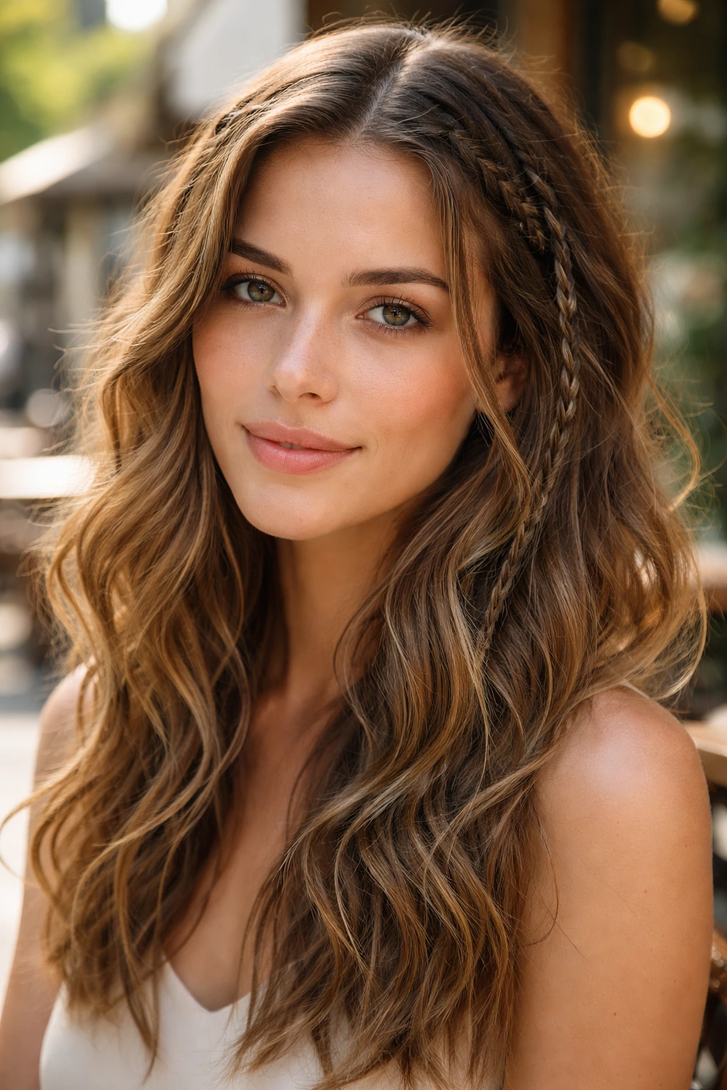 Close-up portrait of a real woman with tiny braids woven into loose waves