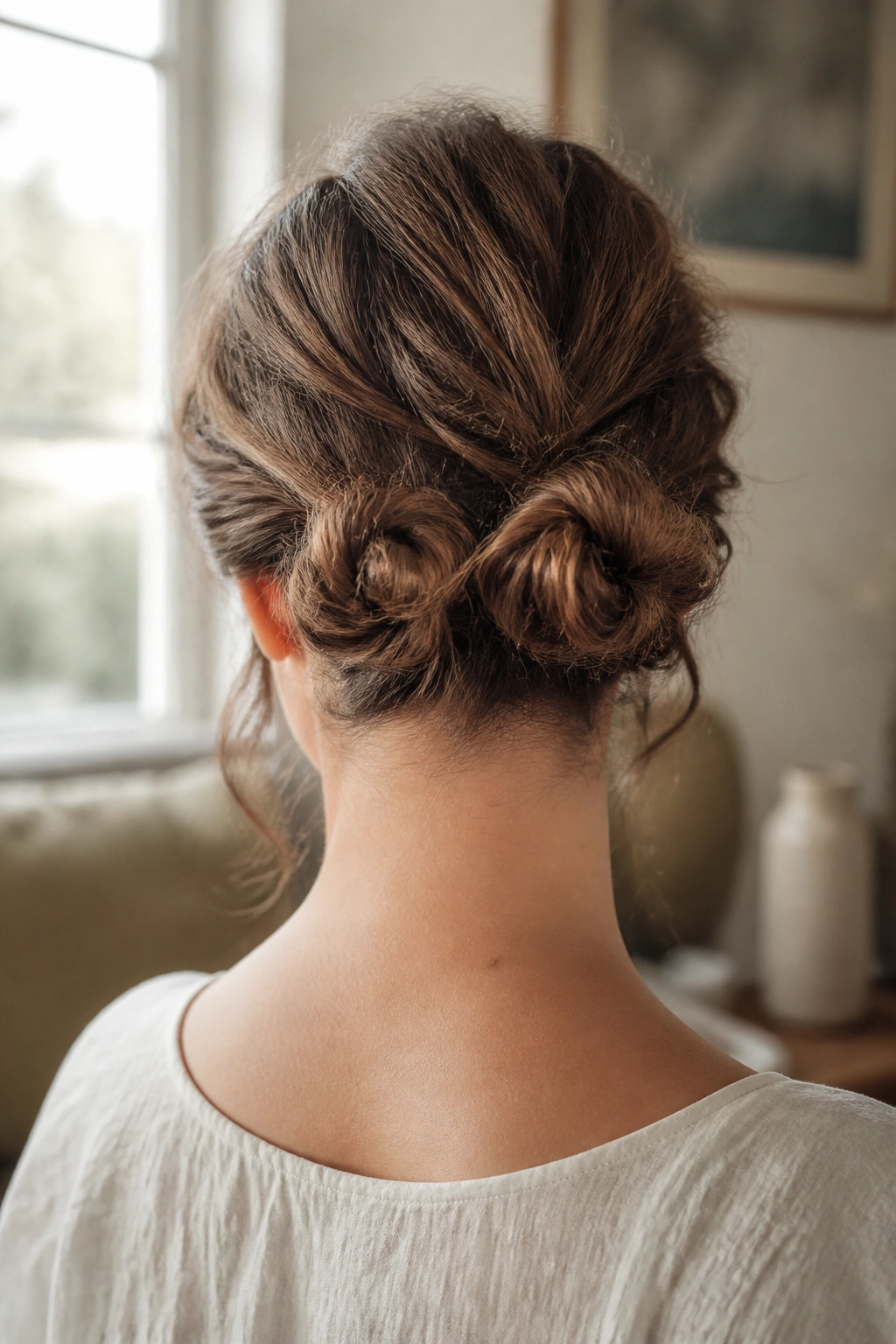Back view of woman with textured mini bun cluster at the back