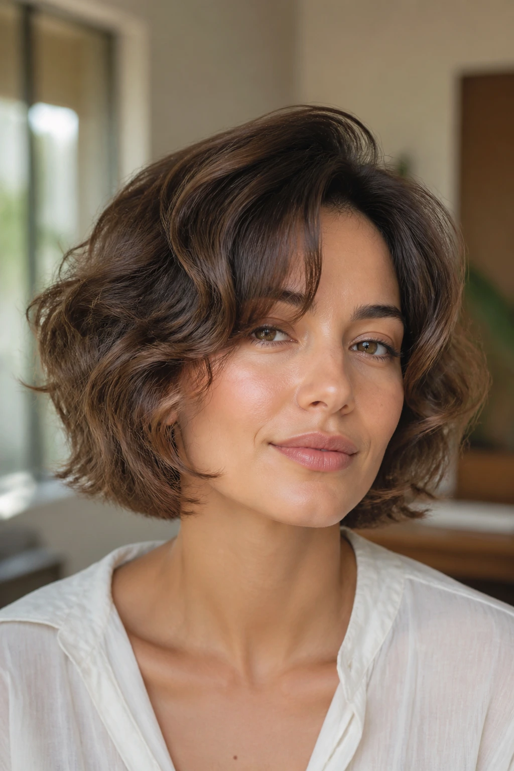 Close-up of a real woman with a chin-length mini butterfly bob featuring face-framing layers and soft waves.