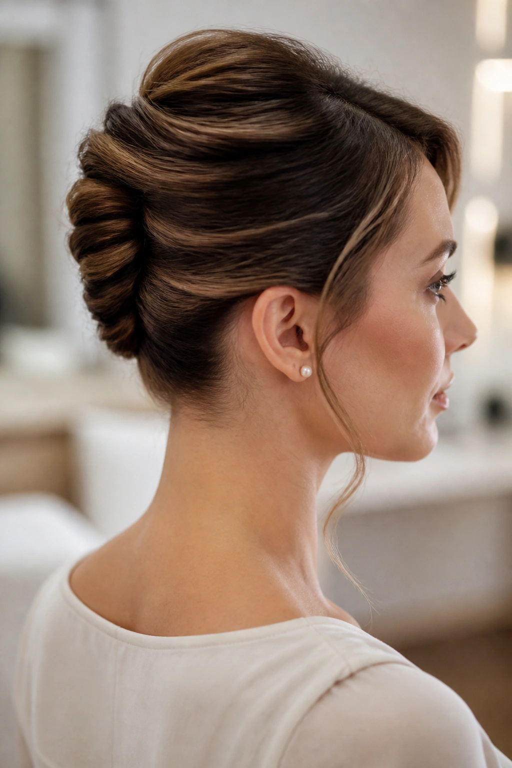 Close-up of a woman with a mini French twist at the back