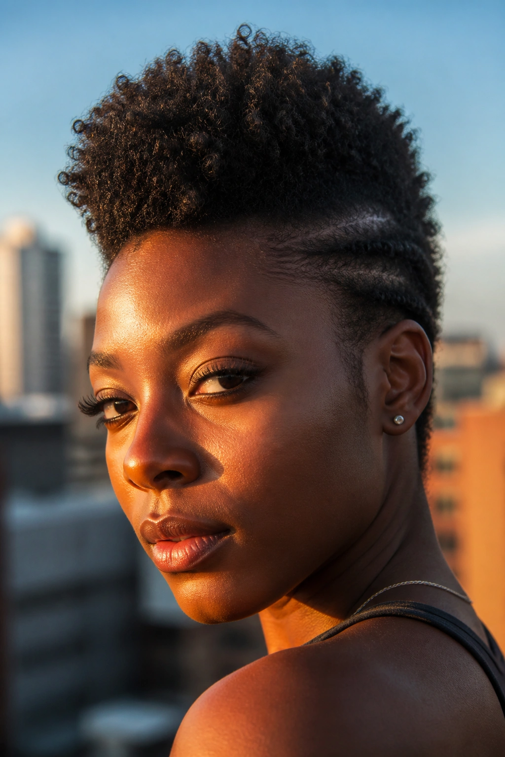 Close-up of a real woman with a mini frohawk on 4C hair