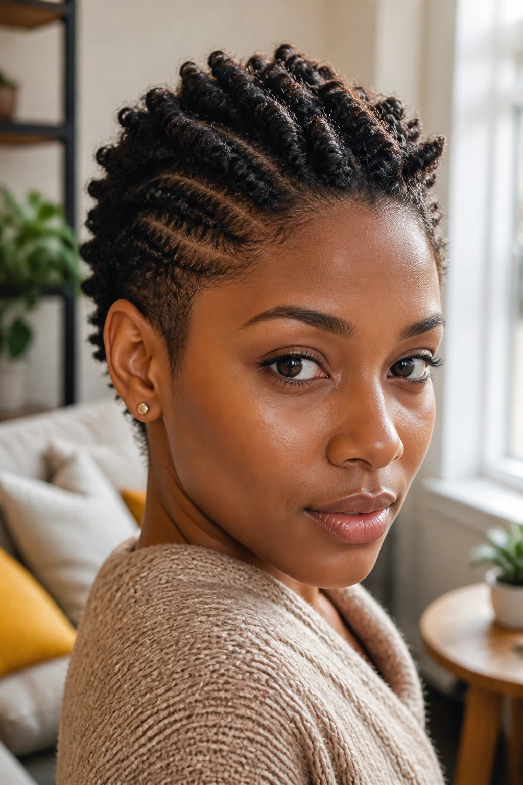 Close-up of a real woman with a mini frohawk of tiny twists