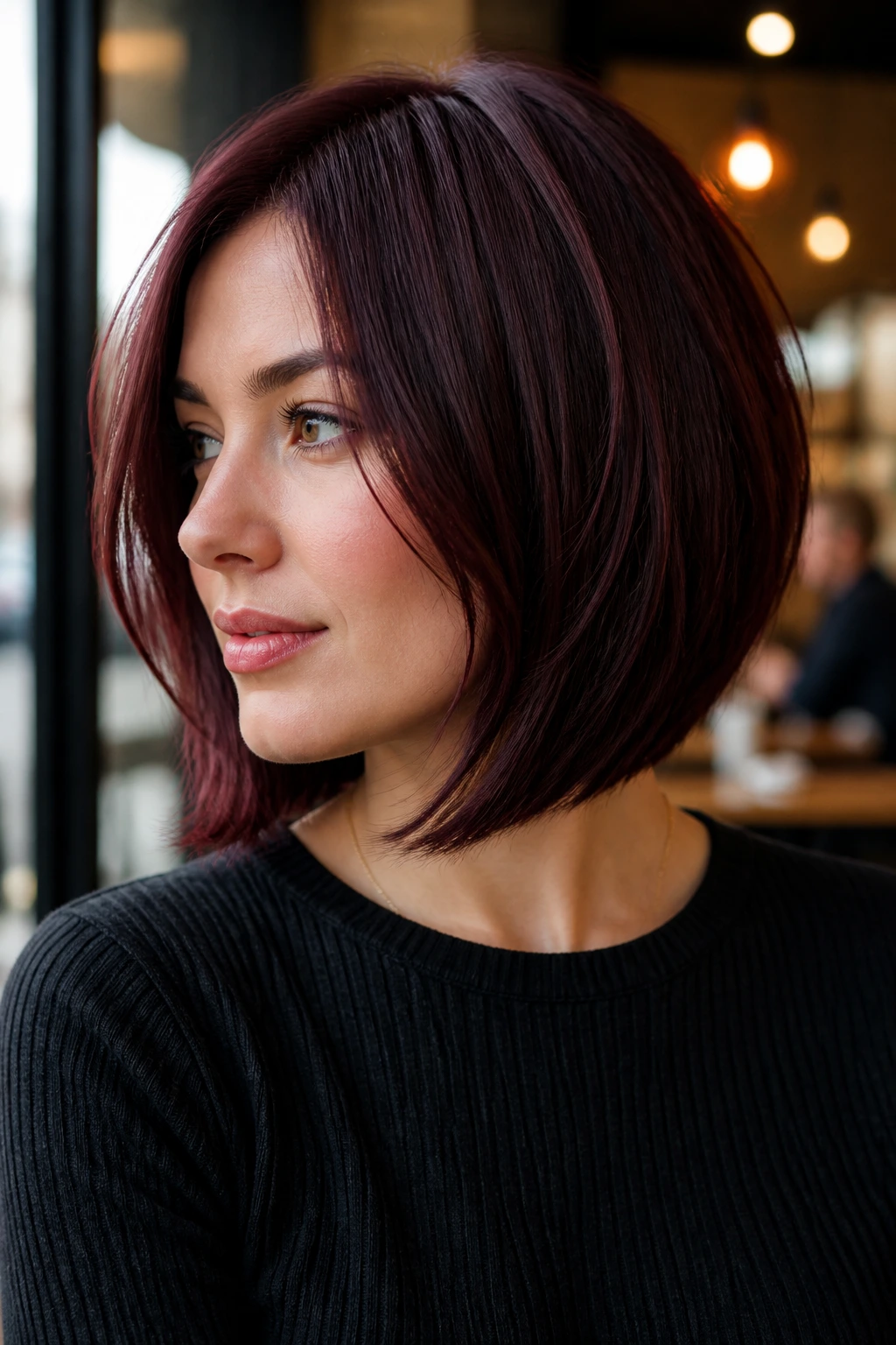 Portrait of woman with mini lob burgundy bob and internal layers in natural light