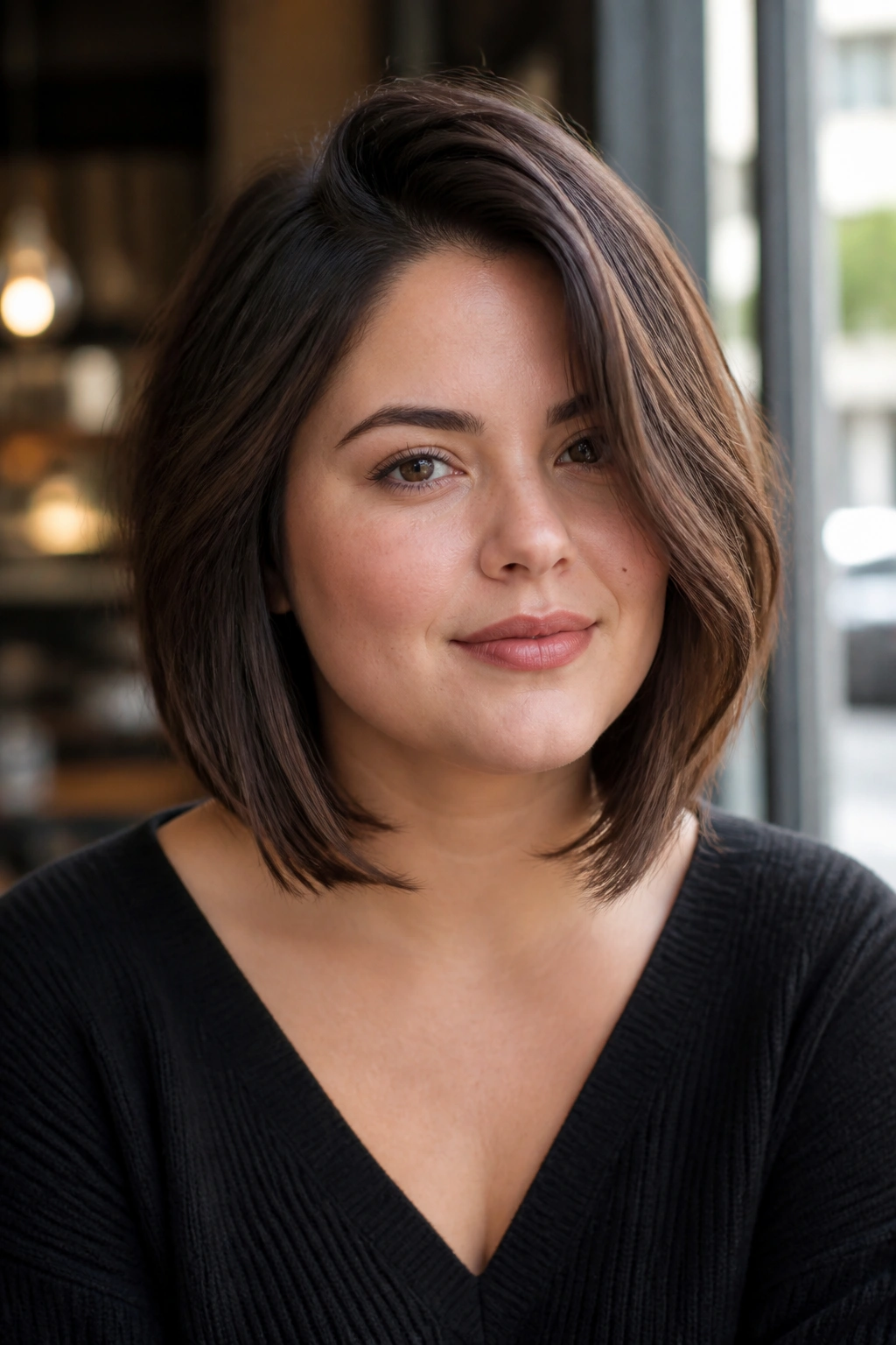 Close-up portrait of a real woman with a mini lob at collarbone length.