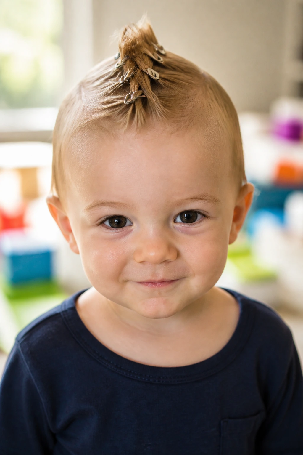Close-up of a real toddler with a mini mohawk created by clips