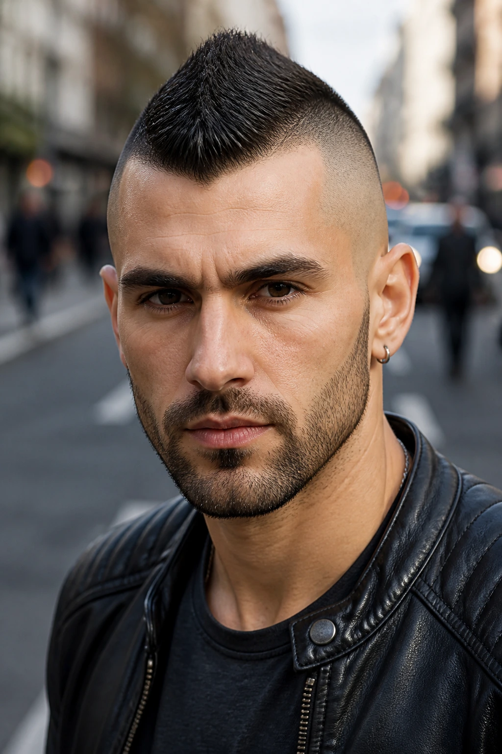 Close-up of a man with a mini Mohawk hairstyle on an urban street background.
