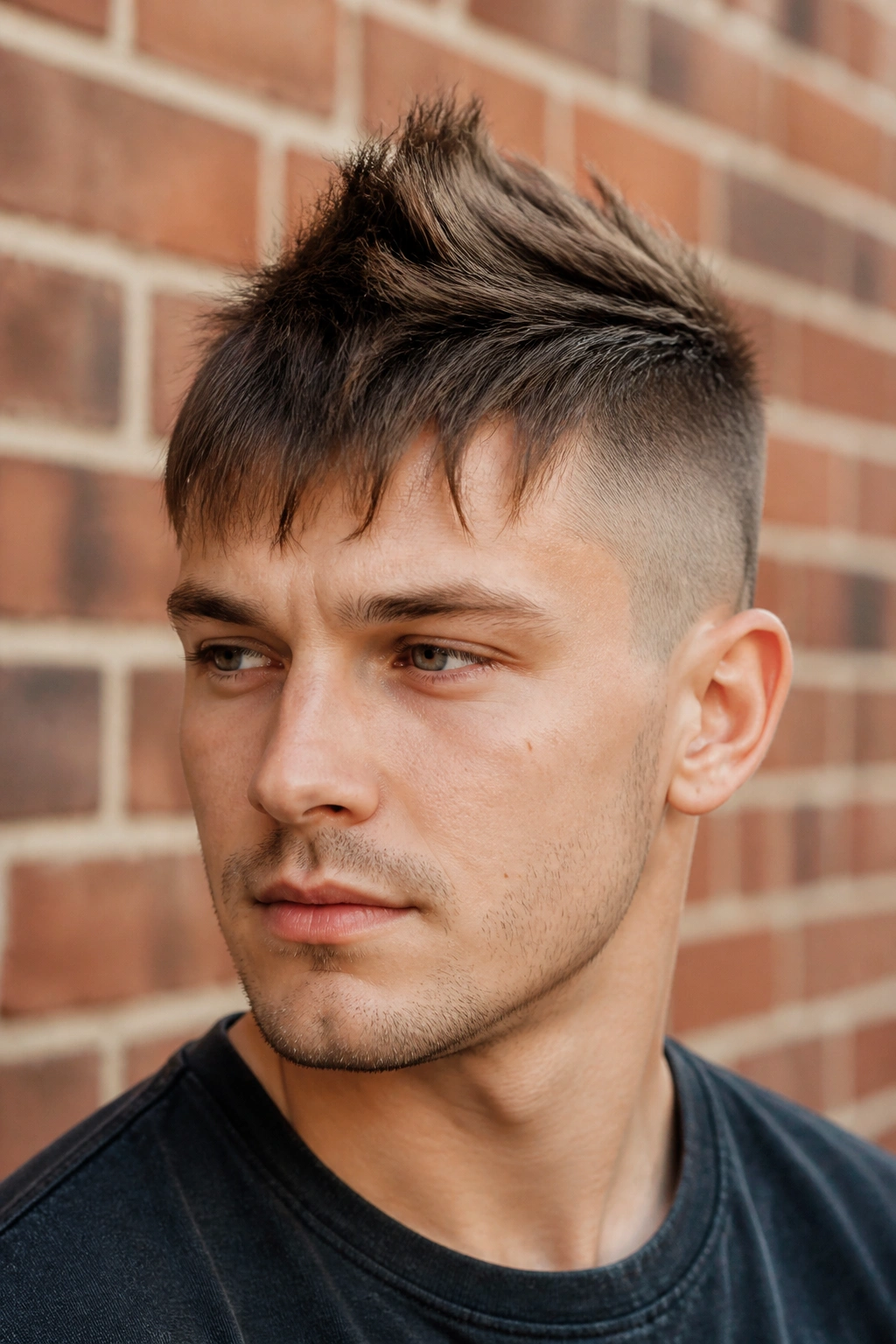 Close-up of a real person with a mini mohawk and soft fringe.