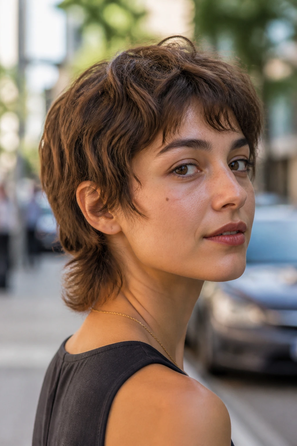 Close-up of a real person with a mini mullet bob and soft waves.