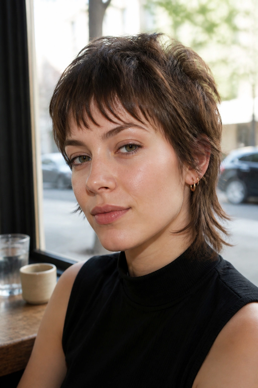Close-up portrait of a real person with a mini mullet for fine hair showing short top and longer back.