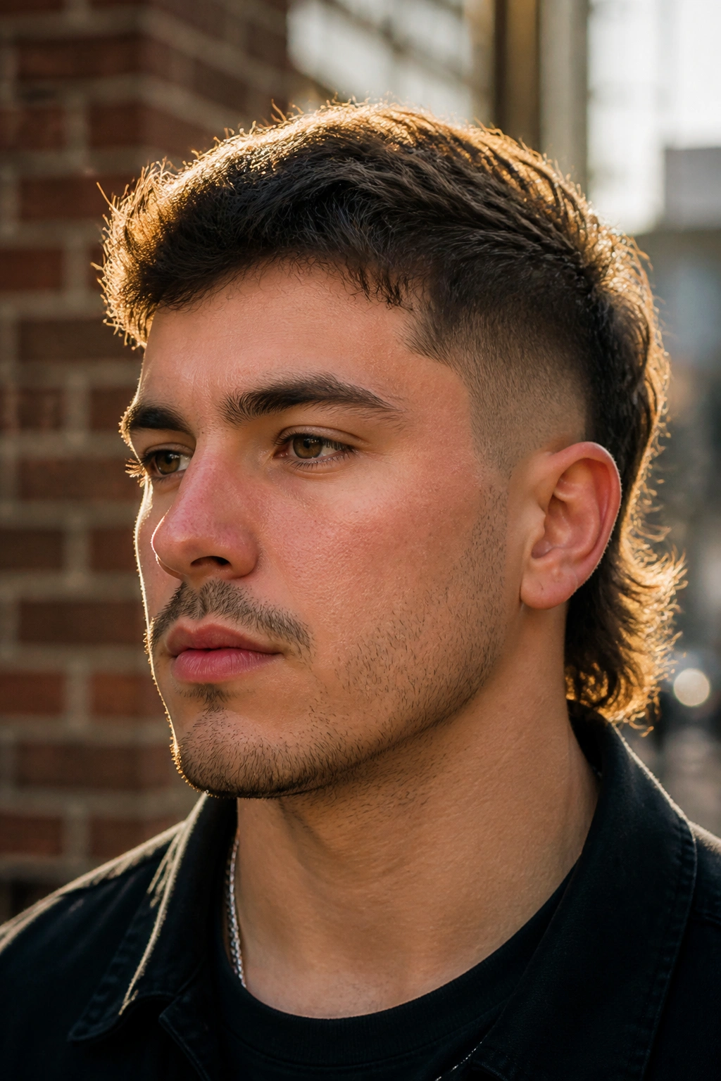 Close-up portrait of a real man with a Mini Mullet Undercut showing short top and longer back