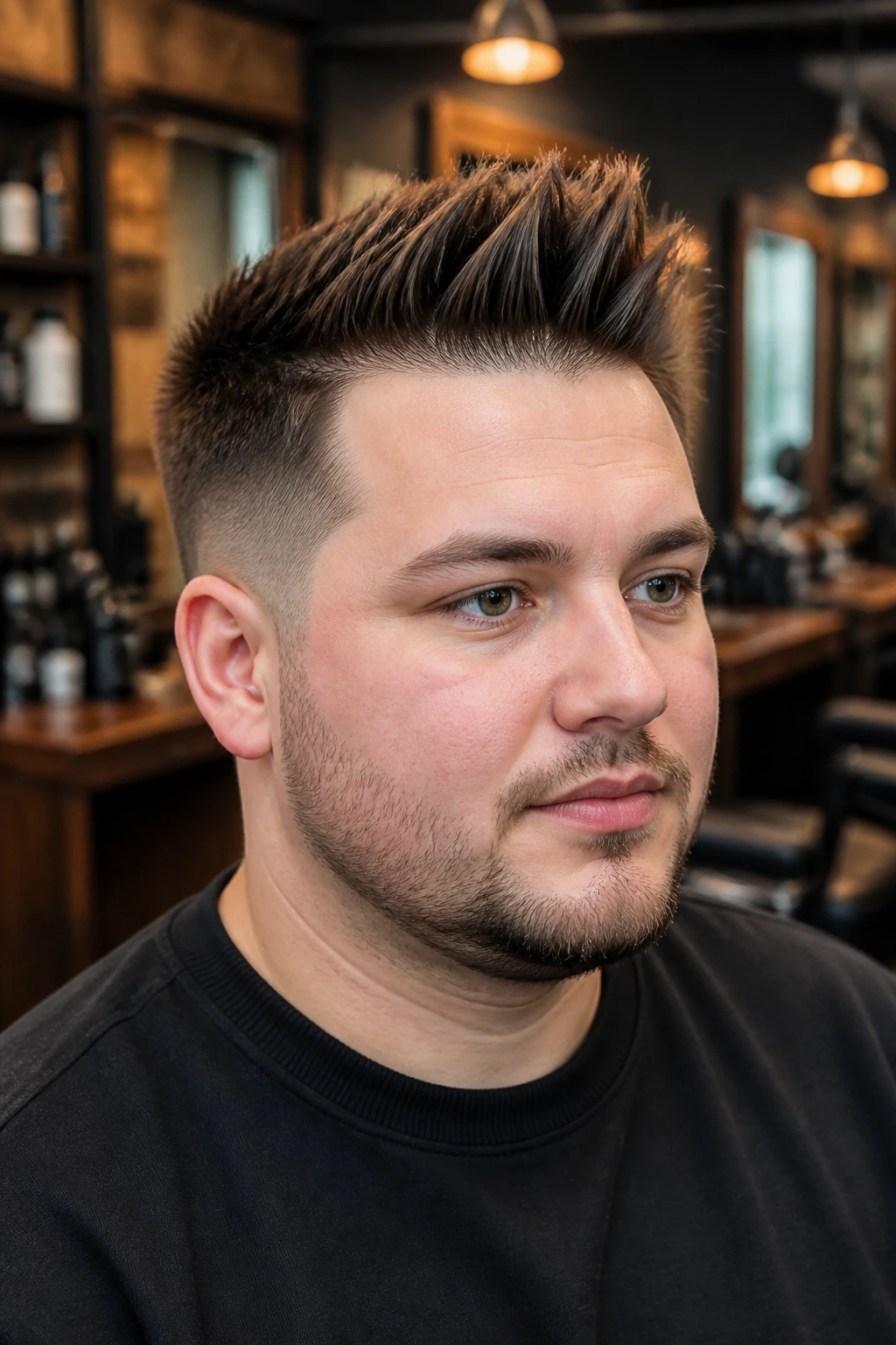 Close-up portrait of a real person with a mini pompadour and spiky front in a warm barbershop setting