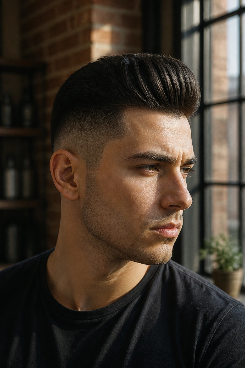 Portrait of man with mini pompadour undercut showcasing lifted front