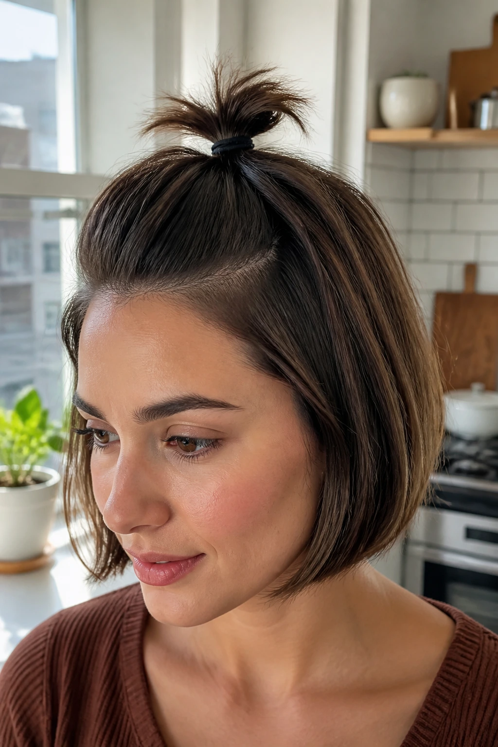 Close-up of a real woman with chin-length hair and mini ponytail