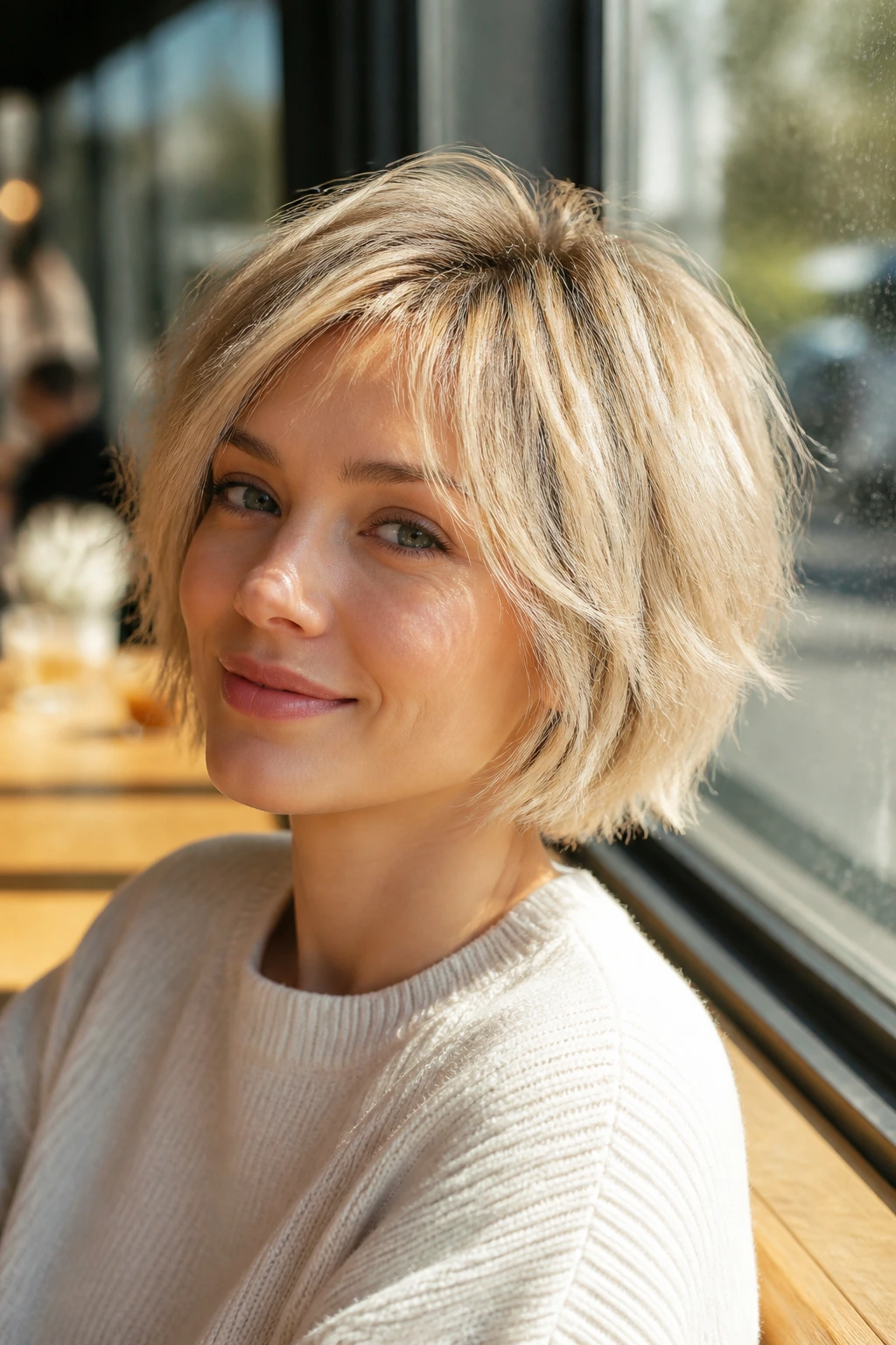 Close-up of a real woman with mini blonde shag bob